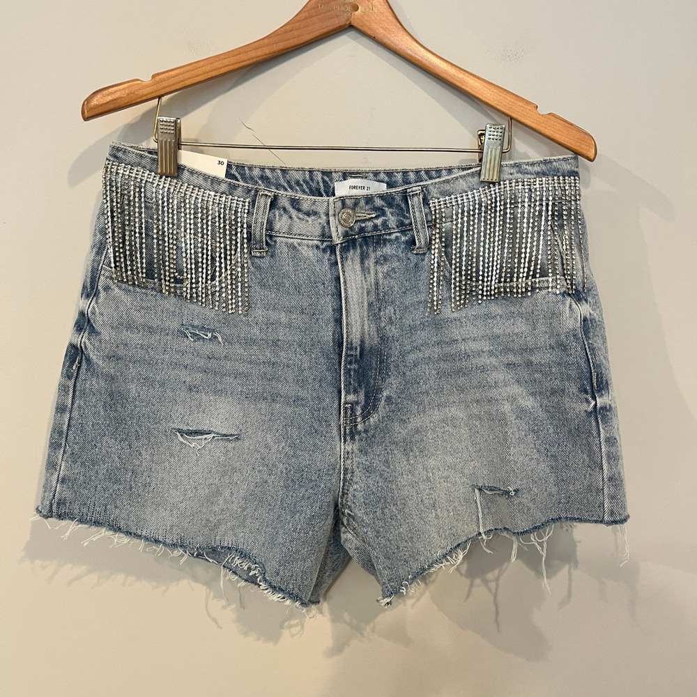 Forever 21 Rhinestone Fringe Denim Shorts Festival Light Wash 30 Crystal Trim